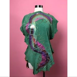 Vintage 80s puffy paint tan teal leather tunic top XS